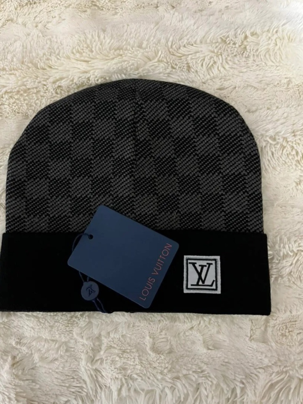 Louis Vuitton Black & Gray Checker Folded Cuff Beanie